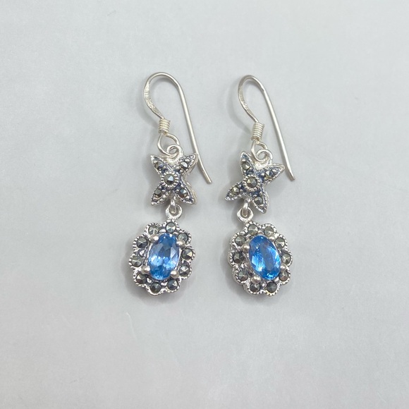 Vintage Jewelry - Vintage Sterling Silver Art Deco Blue Topaz Marcasite Drop Earrings